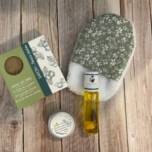 Coffret soin naturel – Savon surgras, baume au calendula, huile roll-on & débarbouillette
